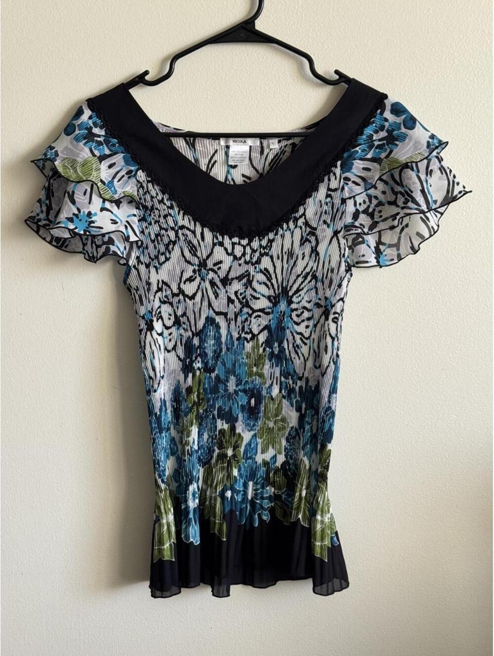 Nicola blue, green and black floral polyester blouse with ruffle sleeves and bla